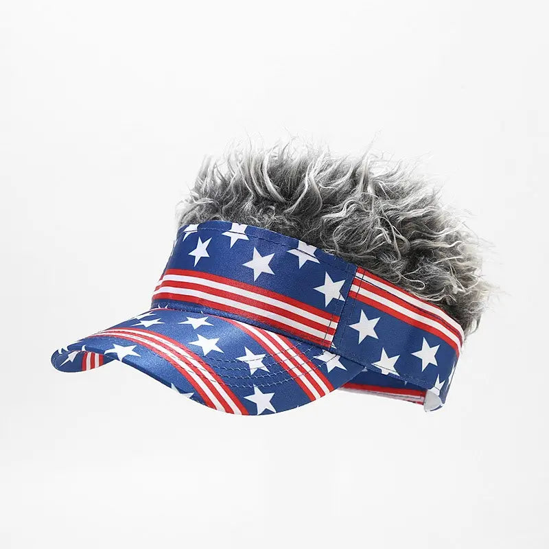 Patriotic US Flag Visor Hat with Fake Hair Wig