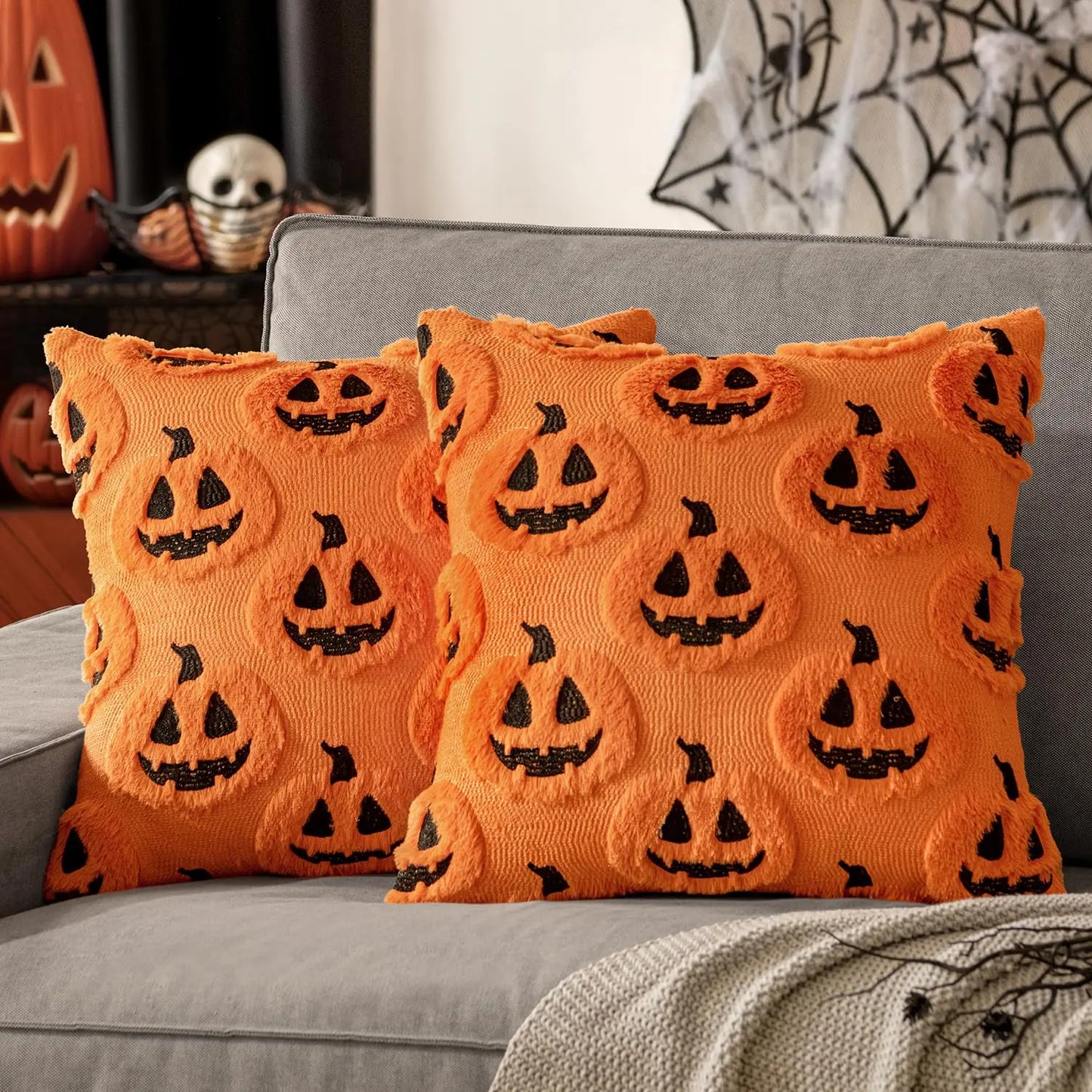 Embroidered Pumpkin Halloween Pillow Cover – Soft Faux Wool Farmhouse Decor