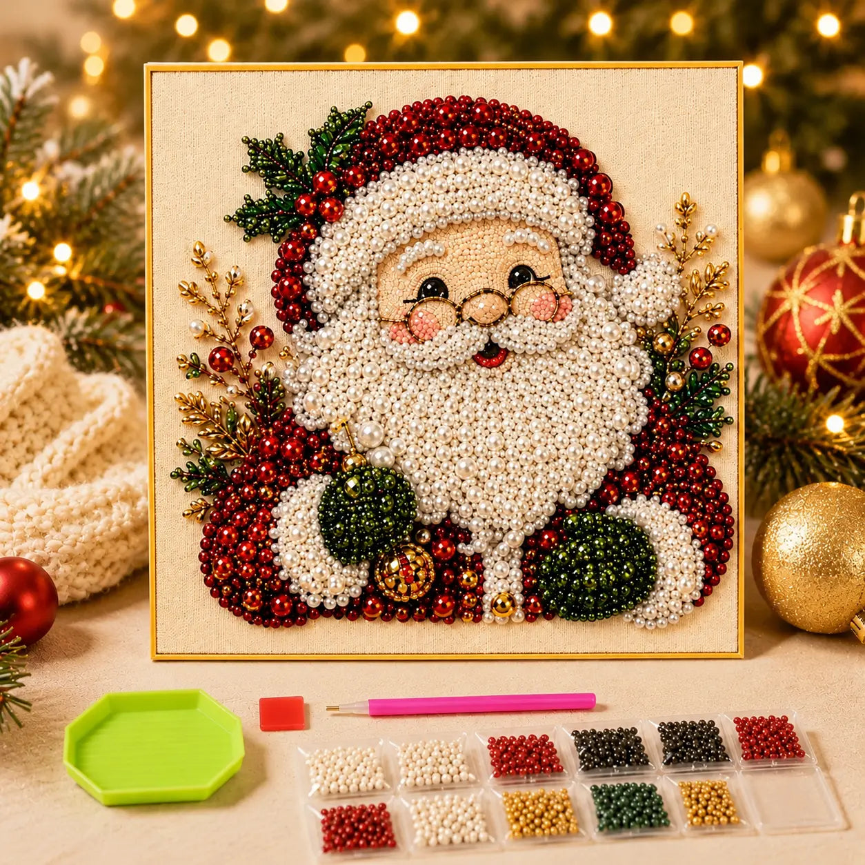 Pintura de diamante con perlas y cuentas 3D para Navidad – Guirnalda navideña de pared DIY para medias