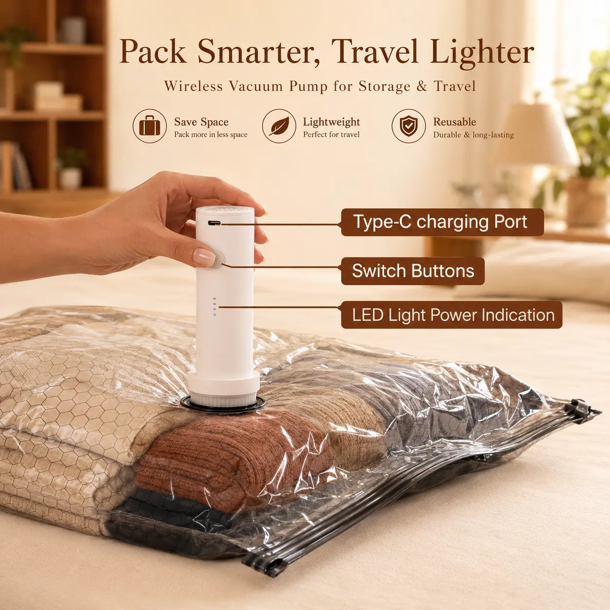 9/12-Pack Vacuum Storage Bags with Rechargeable Air Pump – 3 Sizes Travel Compression Organizer