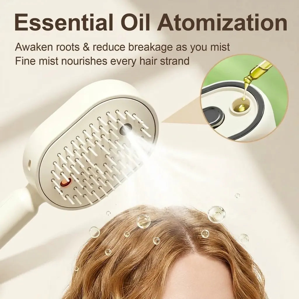Electric Spray Massage Comb, Self-Cleaning Air Cushion Hair Brush with Essential Oil Mist, Anti-Tangle Anti-Static Volumizing Aromatherapy Hair Care
