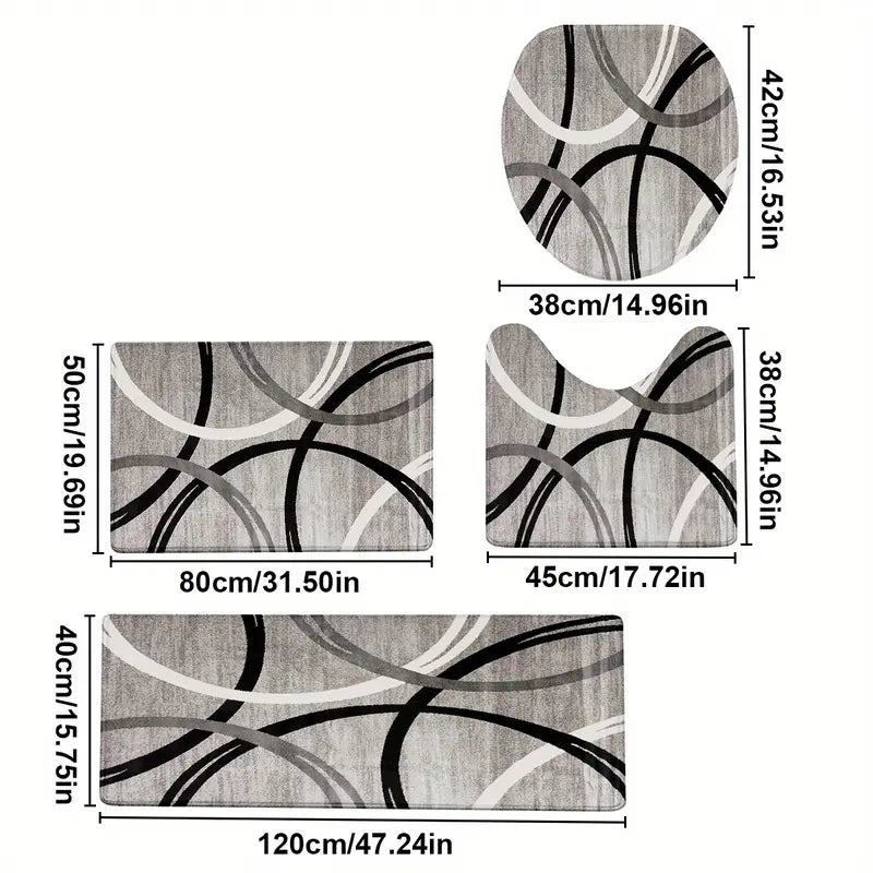 DearTex 4pcs Grey & Black White Curved Pattern Flannel Bathroom Rug Set, Non-Slip Quick Absorbent Bath Mats, U-Shaped Toilet Accessories Cover, Reusable Washable Shower Floor Mat Set