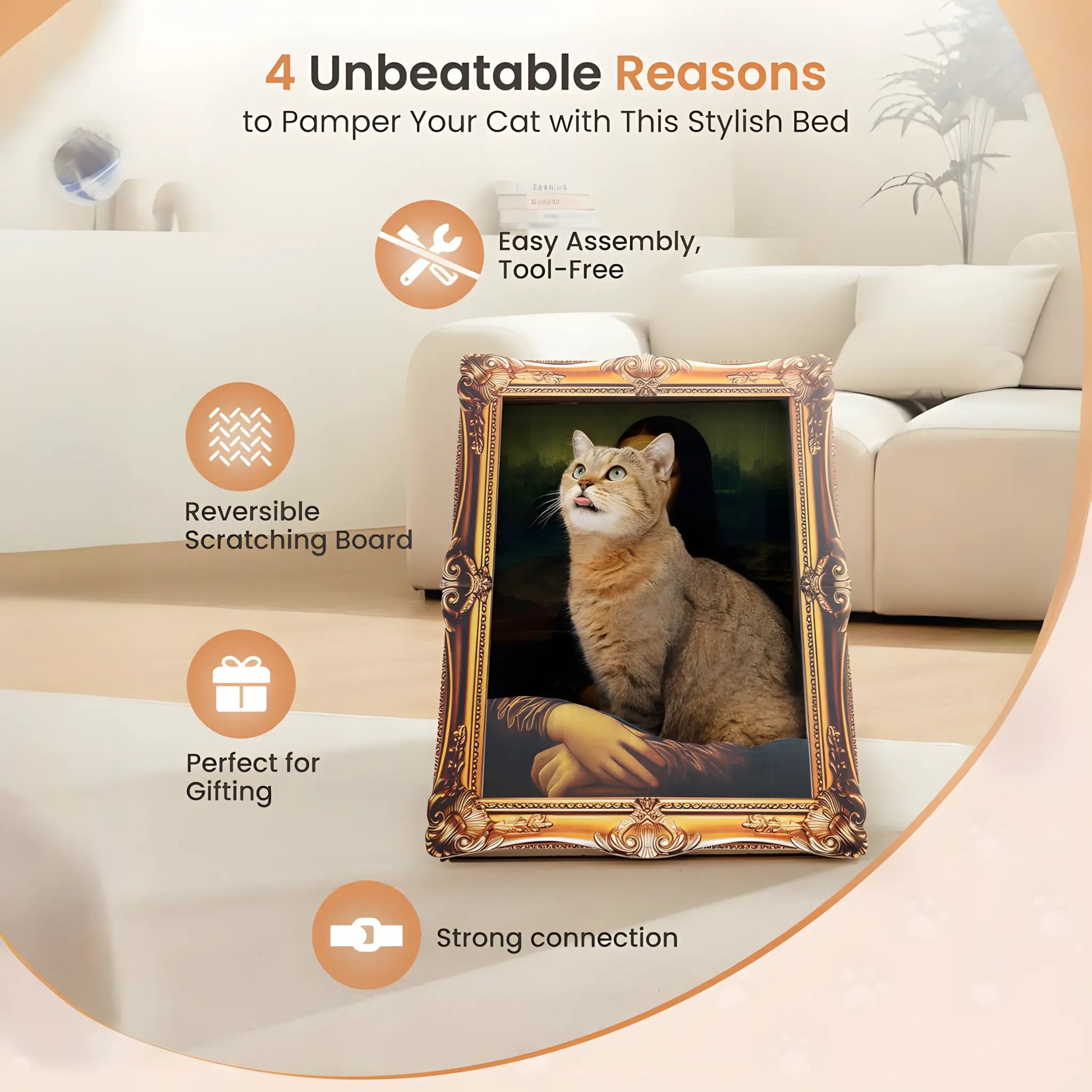 VAGASCAPE Mona Lisa Cat Scratcher Bed 2026 with Arm Front Panel Eco-Friendly Cardboard Cat House Easy-to-Assemble Artistic Home Decoration for Cats and Small Pets