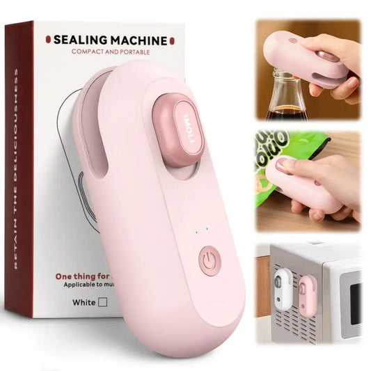 4-in-1 Mini Bag Sealer & Cutter, USB Rechargeable Portable Plastic Heat Sealer with Beer Bottle Opener, Magnetic Design for Food Storage & Camping