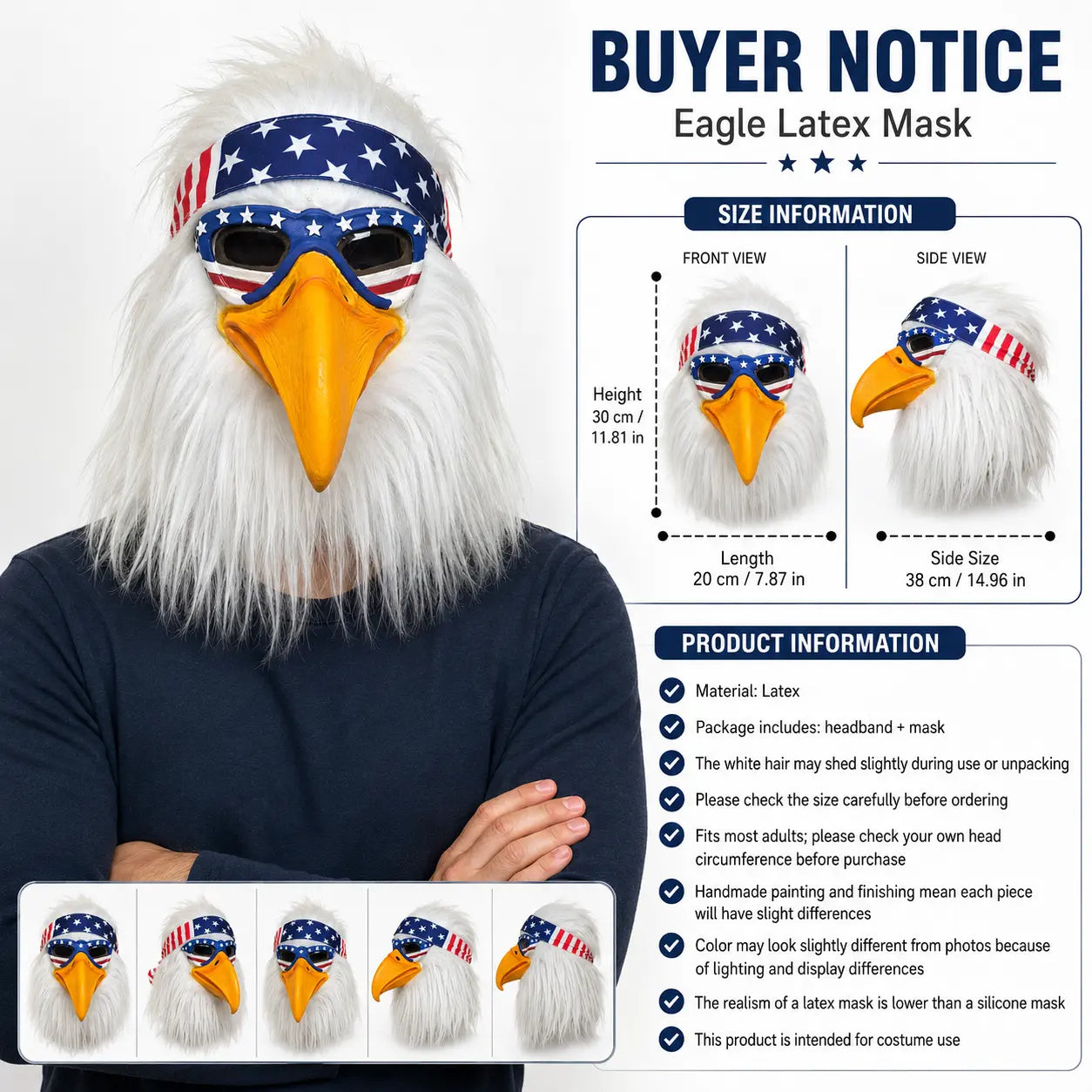 Patriotic Eagle Latex Mask for Fourth of July Halloween and Party Cosplay
