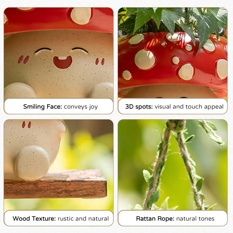 Whimsical Cottagecore Mushroom Smiley Face Hanging Swing Planter - Cheerful Home Decor Gift for Plant Lovers