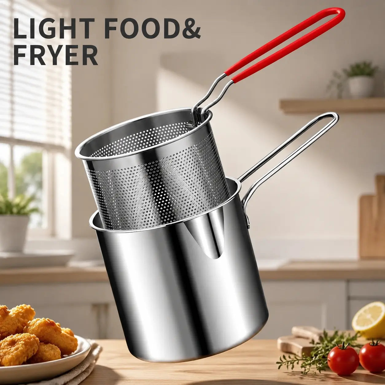 3-Piece Stainless Steel Mini Deep Fryer Set – Portable Pot with Strainer Basket & Food Tongs