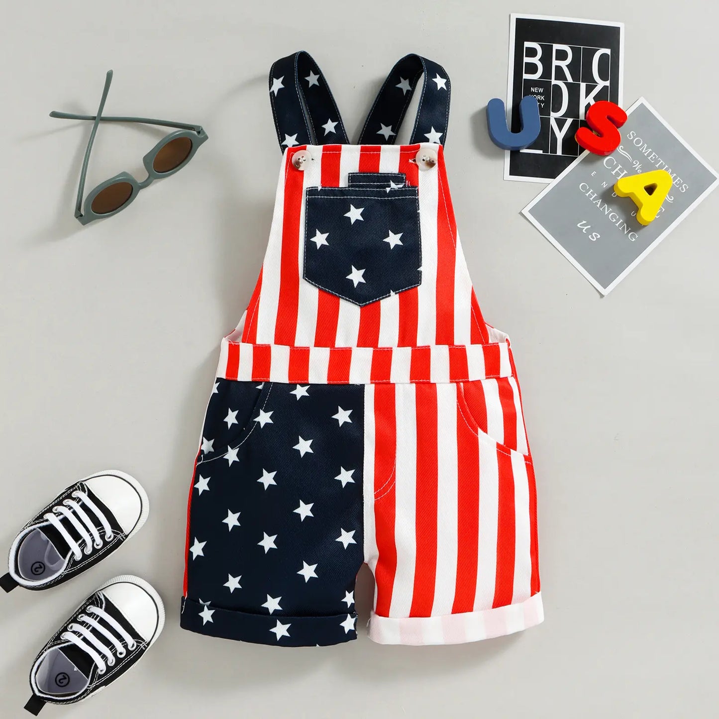 Babamoon Toddler Baby Boy Girl 4th of July Outfit Girl Boy American Flag Overall Shorts Suspender Denim Jumpsuit with Pocket Costume Romper #Summervibes