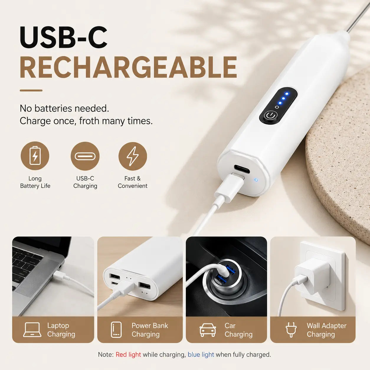 Espumador de Leche Eléctrico Portátil – Fabricante de Espuma de Acero Inoxidable Recargable por USB-C