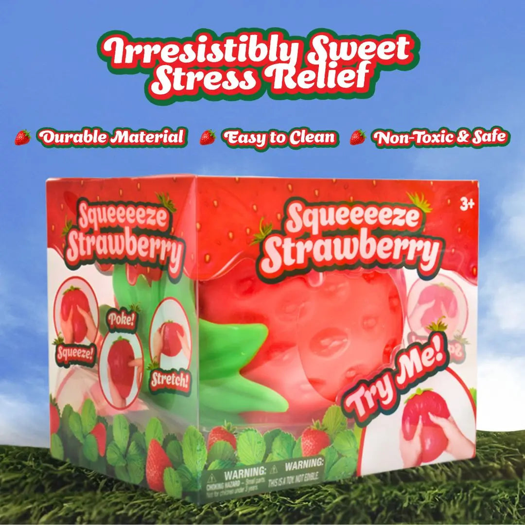 Toymendous Squeeze Strawberry - Extra Large 5" Squishy Stress Ball for Adults & Kids 3+ - Fruity Fidget Toy for Stress Relief & Sensory Play - Safe & Durable Non-Toxic Material