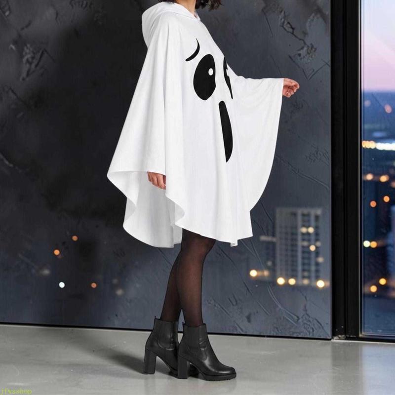 Adult White Hooded Ghost Cape – Soft Loose-Fit Halloween Poncho Costume