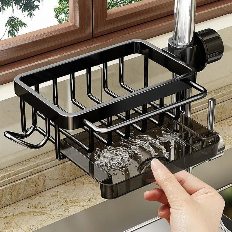 Stainless Steel Hanging Faucet Drain Rack with Drip Tray – Detachable Sponge & Brush Holder
