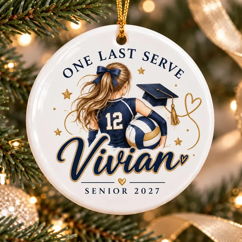 Personalized Volleyball Graduation Ornament, Navy & Gold Senior Athlete Design, Unique Gift for Graduate - 1